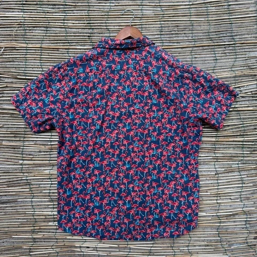 Banana Republic Linen Cotton Flamingo Print Shirt Size Large Short Sleeve Summer